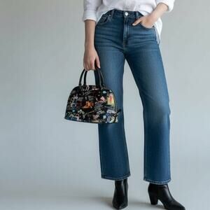 Galian Magazine Cover Collage Dome Satchel Bag Sz M Black Multi Faux Leather